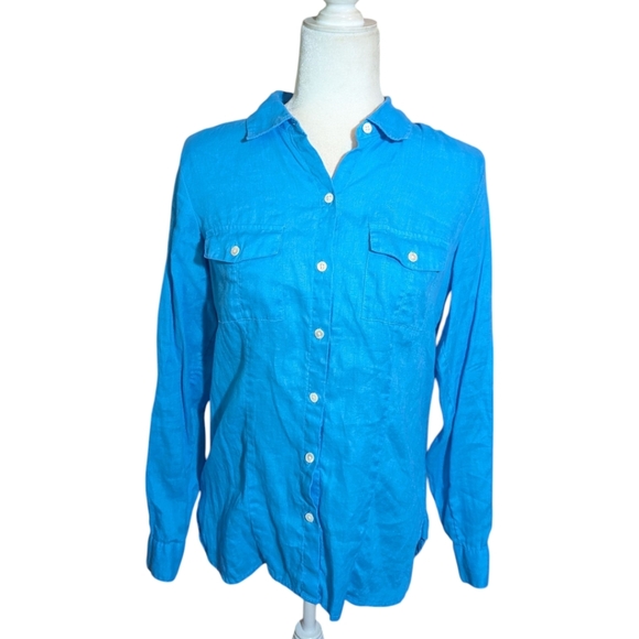 J. Jill 100% Linen Turquoise Blue Classic Old Money Button Up Top Sz XS - Picture 9 of 11